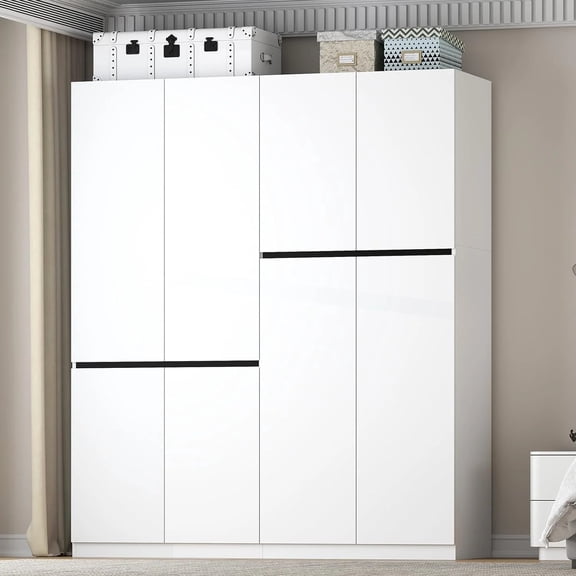 Xiweot 4 Door Wardrobe Closet, Freestanding White Armoire with Hanging Rod, Large Wooden Closet Cabinet for Bedroom with Concealed Hinges, 63" Wide Storage Wardrobe for Clothes, Dresses & Coats