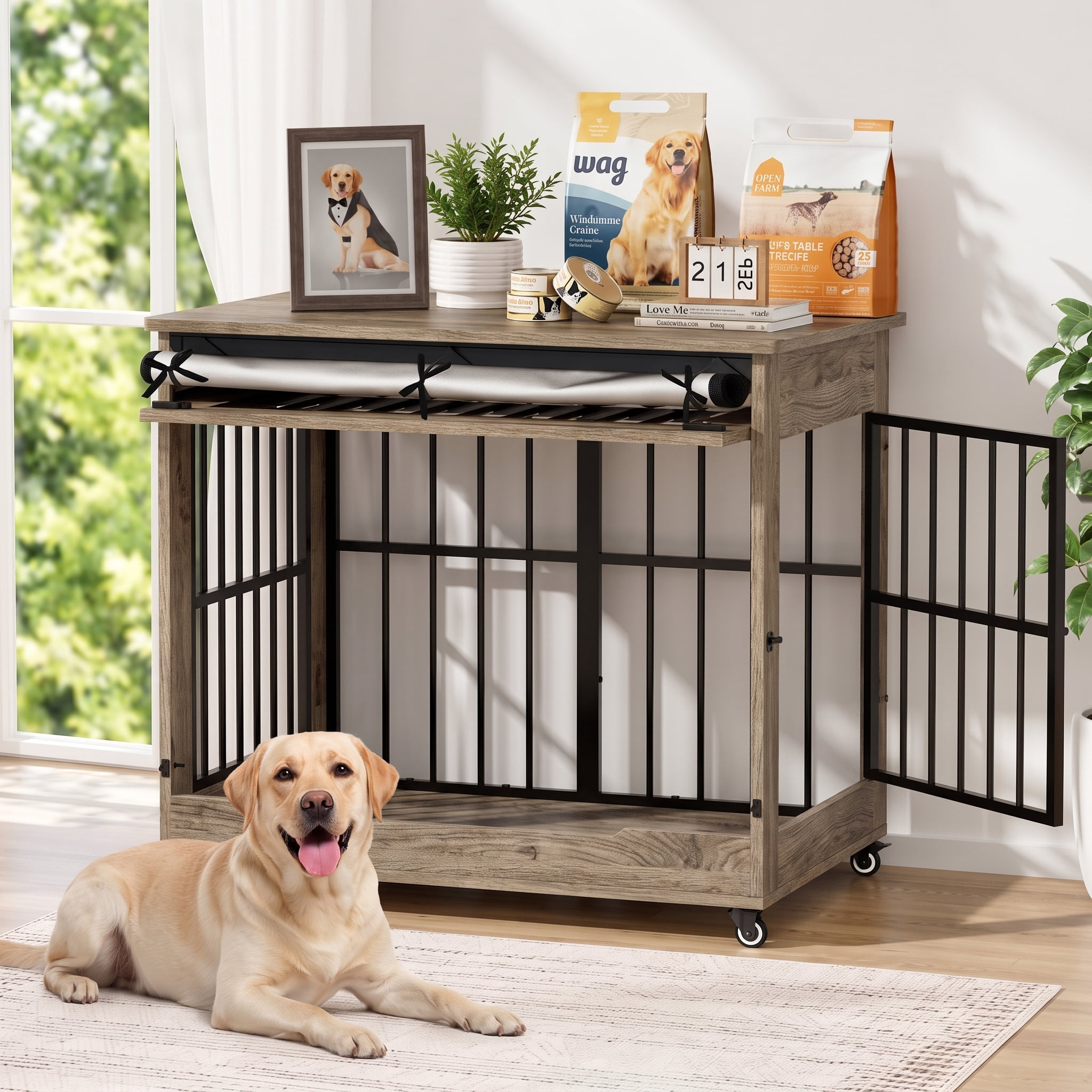 Xiweot 42" Large Dog Crate Furniture, XL Wooden Dog Kennel with Double ...
