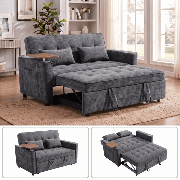 Xiweot 54" Sleeper Sofa Bed, Convertible Pull Out Couch for Living Room Apartment, Chenille Loveseat Sleeper with Adjustable Backrest, USB Ports, Cup Holders & Side Table, Easy Assembly (Dark Gray)