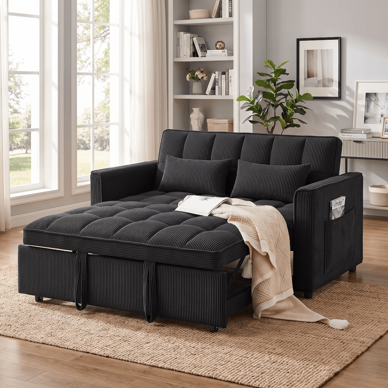Xiweot 54" Sleeper Sofa Bed, Convertible Pull Out Couch for Living Room Apartment, Velvet Futon Loveseat Sofa Bed with Adjustable Backrest, Side Pockets, 2 Pillows, Easy Assembly (Black)