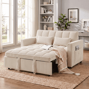 Xiweot 54" Sleeper Sofa Bed, Convertible Pull Out Couch for Living Room Apartment, Velvet Futon Loveseat Sofa Bed with Adjustable Backrest, Side Pockets, 2 Pillows, Easy Assembly Beige