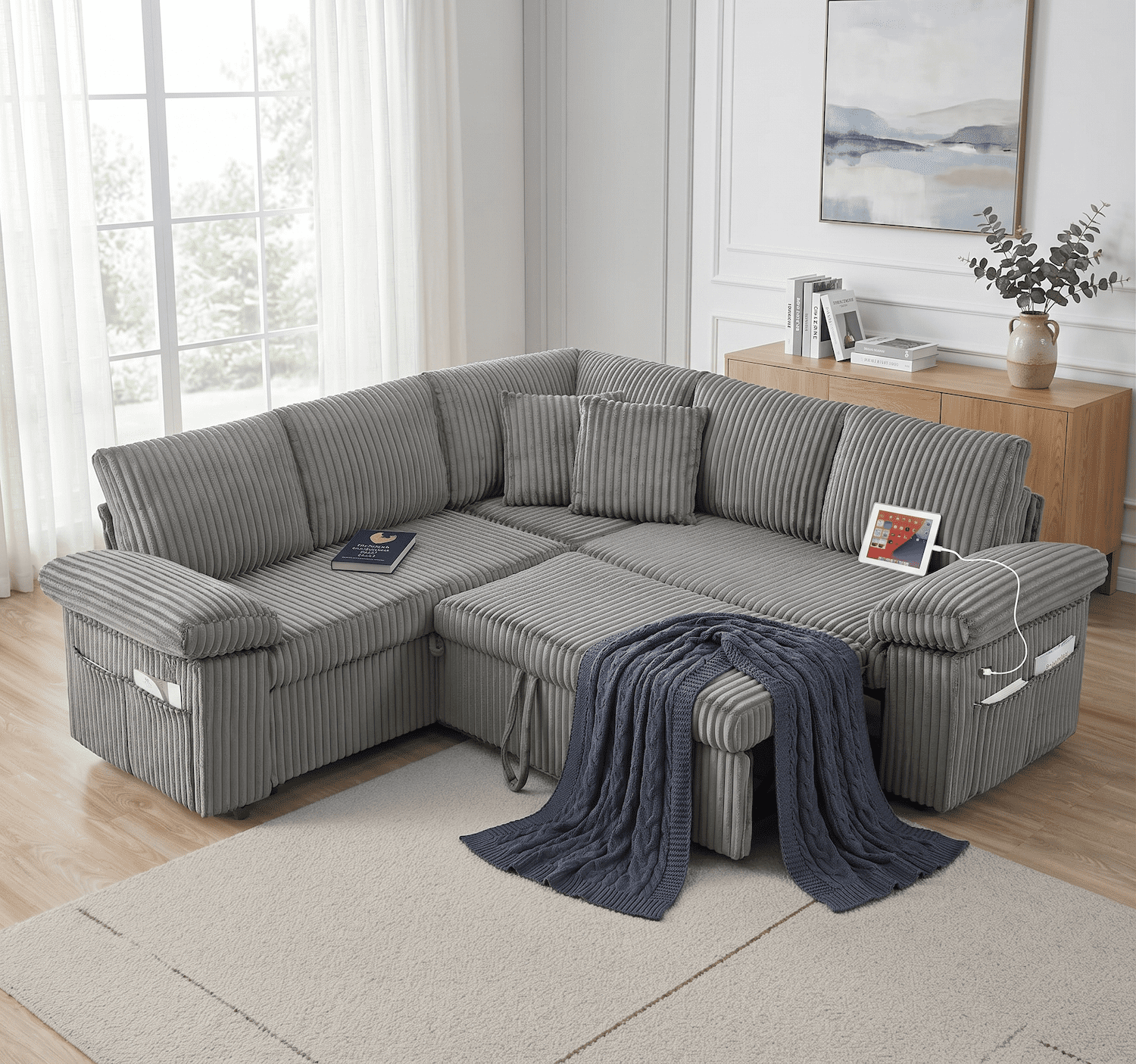 Xiweot 81" Sectional Sleeper Sofa with Pull Out Bed, 5 Seat Modular Sectional Sofa with Hidden Storage & USB Charging Ports, Corduroy Sectional Couches for Living Room (Light Grey)