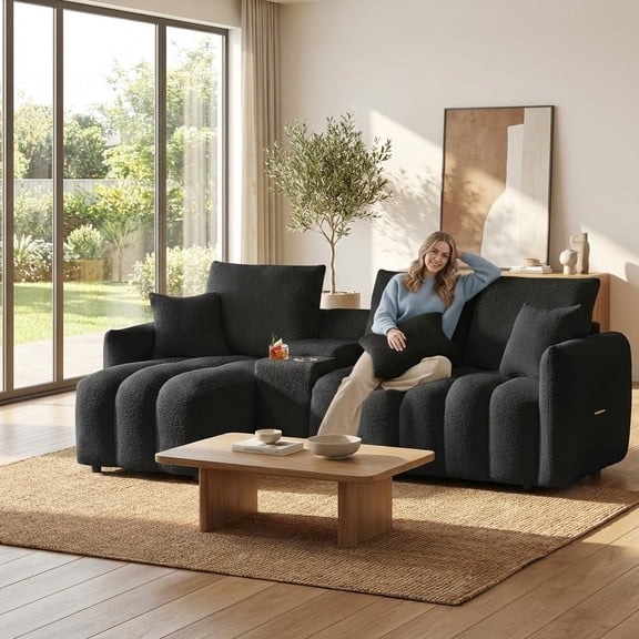Xiweot 91" Modular Sectional Sofa, L Shape Sofa Sectional Couch with Deep Seat, Teddy Fabric Cloud Comfy Sectional Couches with Cup Holder & Storage for Living Room & Apartment