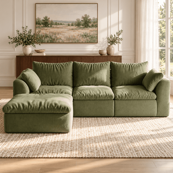 Xiweot 96.5" L-Shaped Sectional Sofa with Chaise, 4-Seat Modular Deep Seat Corner Couch for Living Room, Tool-Free Assembly, Textured Fabric, Green