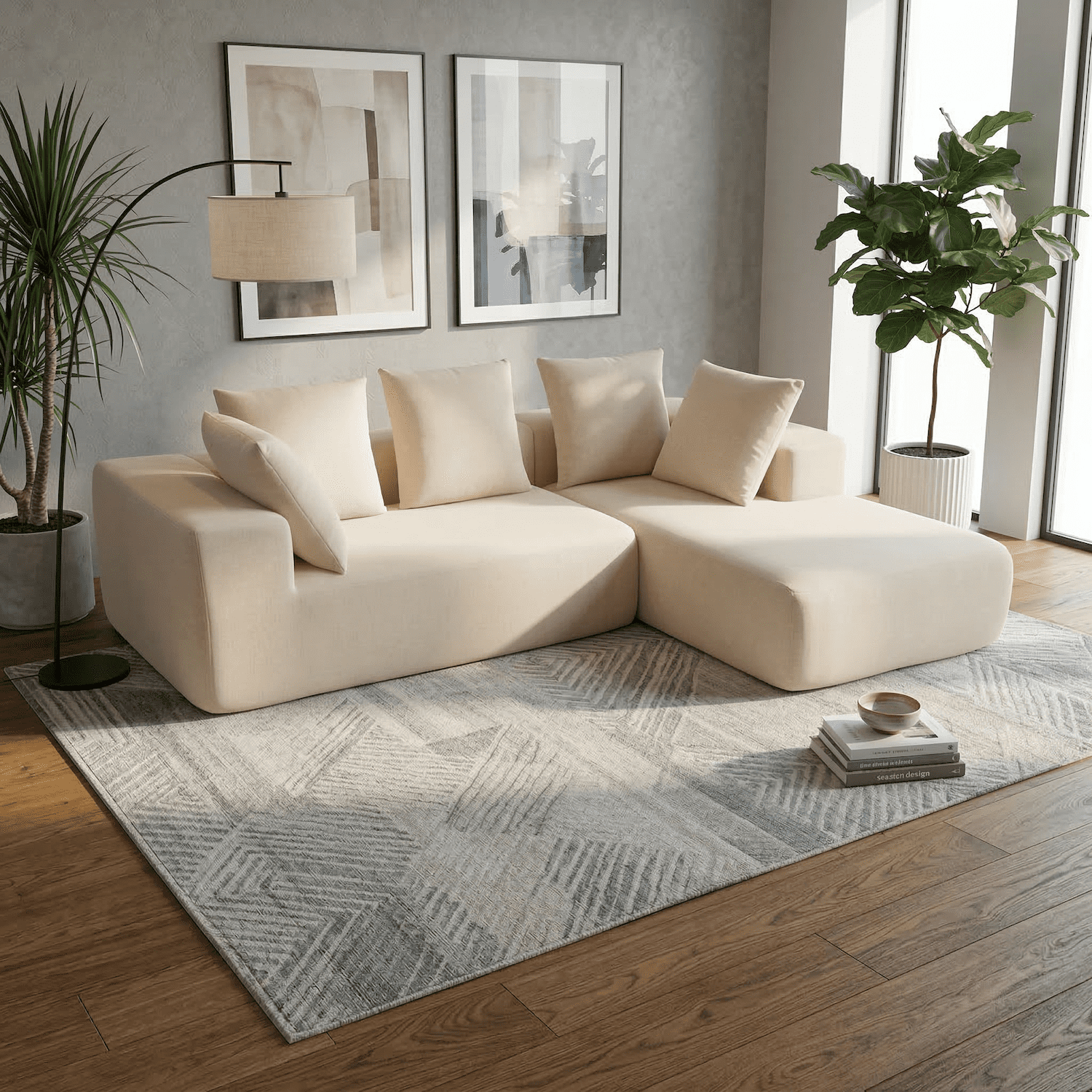 Xiweot 96" Cloud Sectional Couch for Living Room, Memory Foam Sectional Sofa with Deep Seat, Teddy Fabric L Shaped Modular Sectional Couch with Right Facing Chaise (Beige)