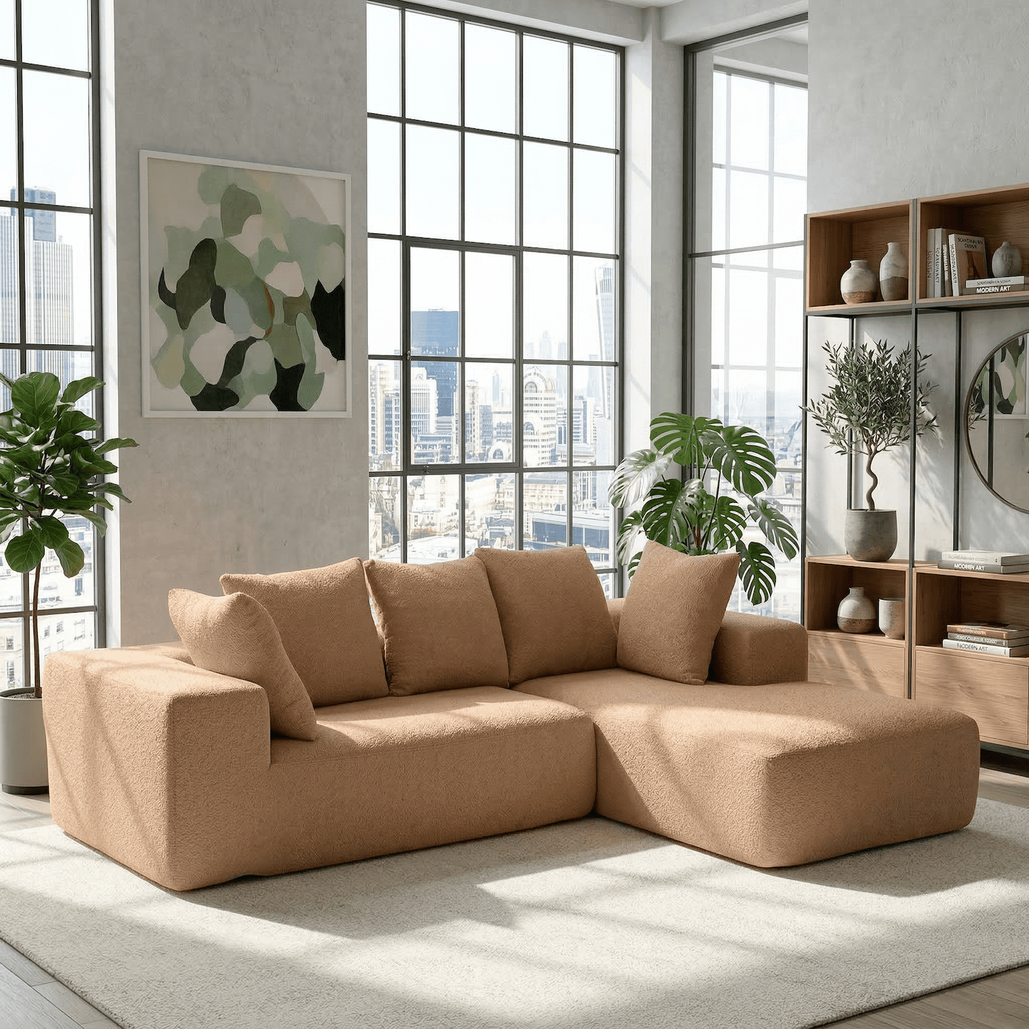 Xiweot 96" Cloud Sectional Couch for Living Room, Memory Foam Sectional Sofa with Deep Seat, Teddy Fabric L Shaped Modular Sectional Couch with Right Facing Chaise (Brown)
