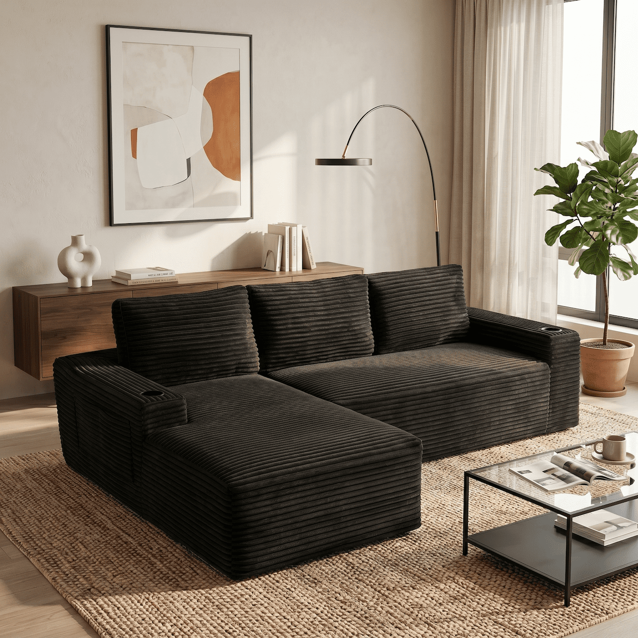 104" Modular Sectional Sofa, L-Shaped Couch with Convertible Chaise, Corduroy Deep Seat Comfy Sectional with Storage Pockets & Cup Holders, No Assembly Couch for Living Room, Black