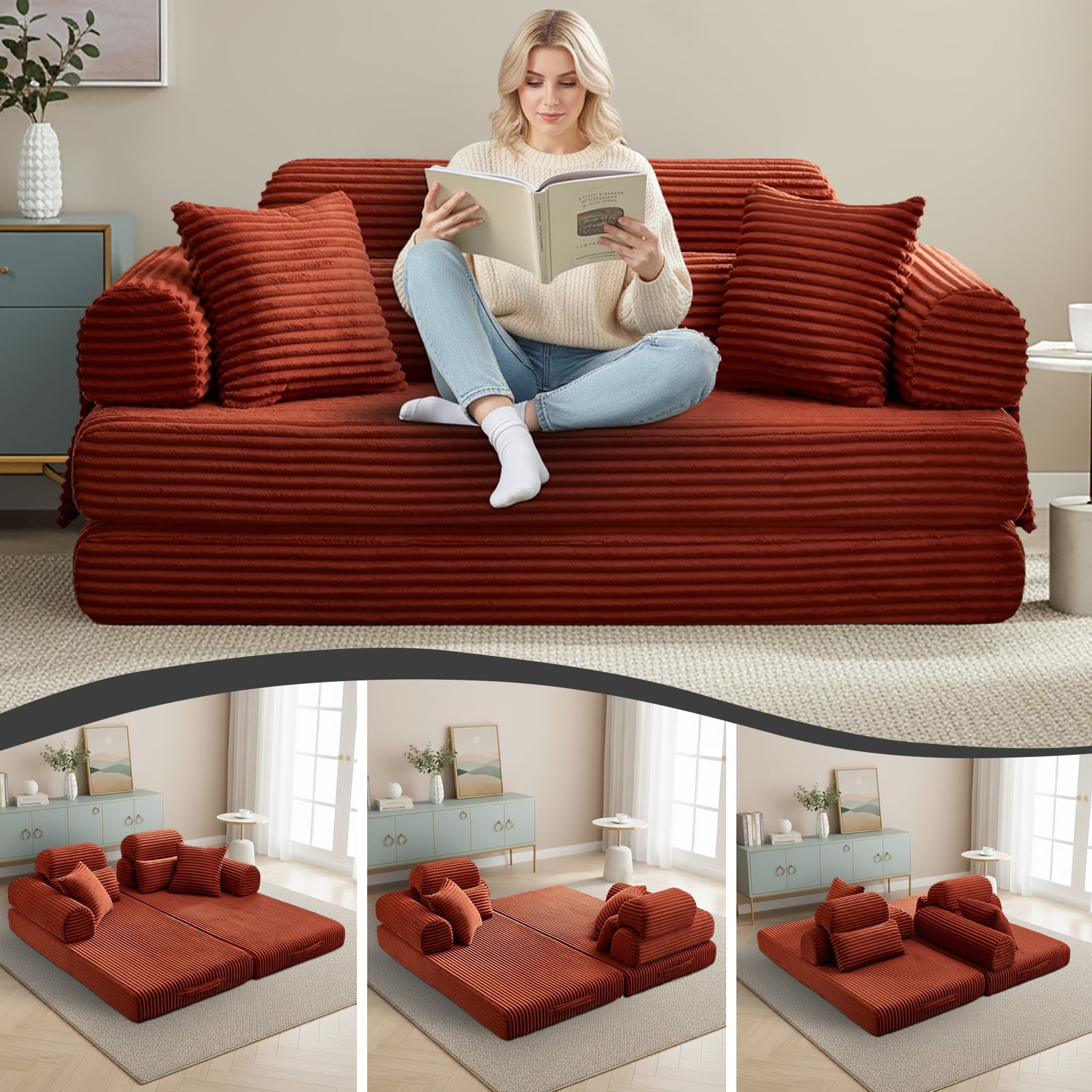 Xiweot Cloud Sectional Couch for Living Room, Memory Foam Sectional Sofa with Deep Seat, Corduroy Floor Mattress Couch, No Assembly Required (Orange)