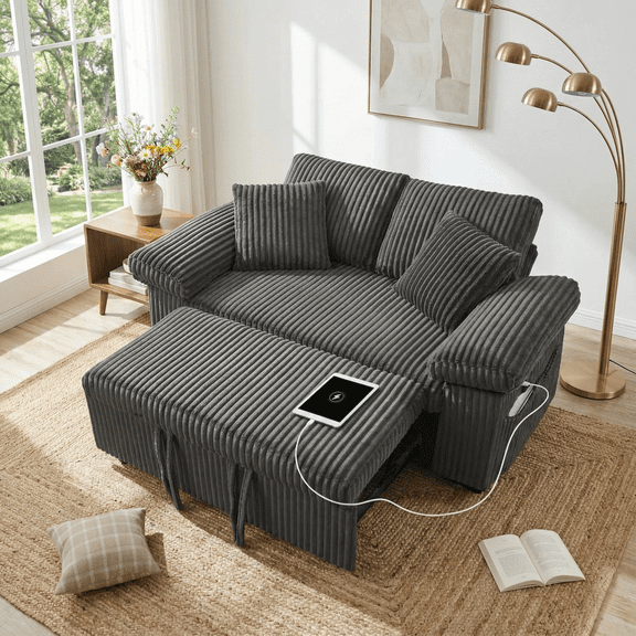 Xiweot Convertible Sleeper Sofa Bed, 60" Pull Out Couch with Adjustable Backrest, 3 in 1 Corduroy Loveseat Sofa Couch with Side Pockets for Living Room Bedroom Apartment Small Space (Dark Grey)