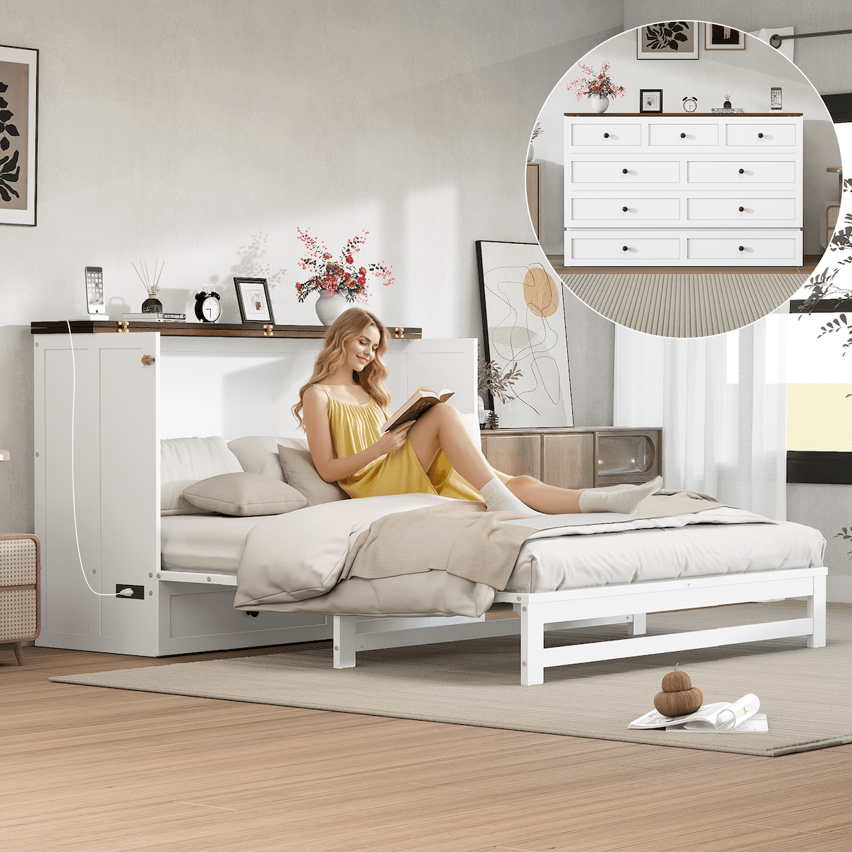 Xiweot Queen Size Murphy Bed with Storage Drawer, Wall Mounted Fold Down Bed Frame, Space Saving Wall Bed for Bedroom, Guest Room, Apartment