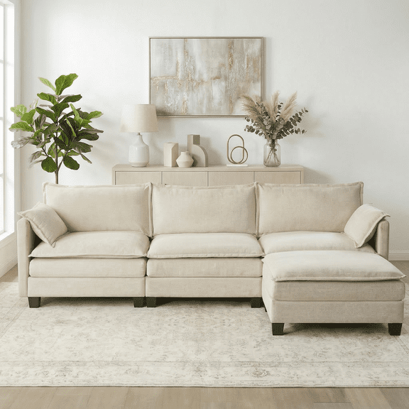 108" Cloud Sectional Sofa, Modern Chenille L Shaped Couch with Reversible Chaise, Deep Seat 3 Seat Modular Sectional Couch with Pillows, Comfy Upholstered Couch for Living Room Apartment (Beige)