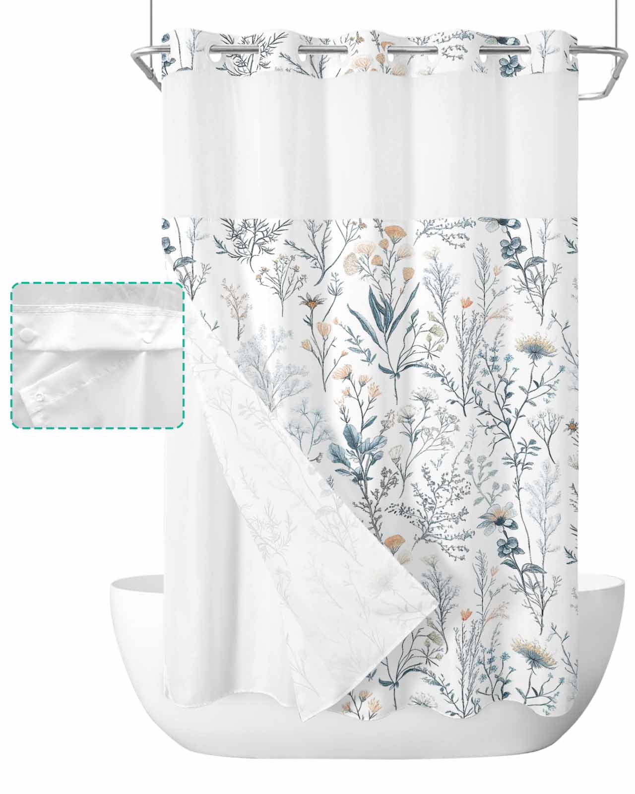 Xiweqtens Spring Floral No Hook Shower Curtain and Snap in Liner Set ...