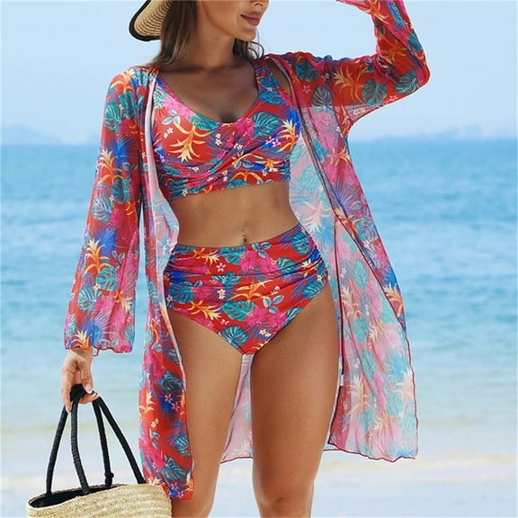 Xixinqiwan 3 Piece Swimsuit for Women,Women High Waisted Swimsuit Sets Tummy Control Swimwear Color Block Three Piece Drawstring Bathing Suit