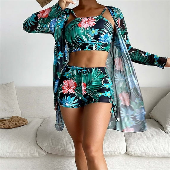 Xixinqiwan Bikini Sets for Women Plus Size,Womens Tummy Control Bathing Suits High Waisted Bikini Sets Cute Halter 3 Piece Swim Suit