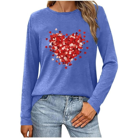 Xixinqiwan Blouse for Women,Womens 2025 Valentine's Day Pink Top Romantic Cute Long Sleeve Fashion Blouse Hearts Lovers Tee for Ladies