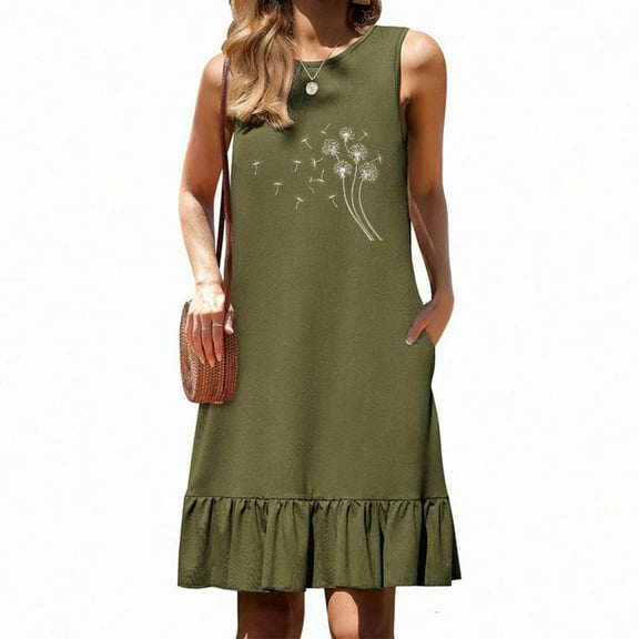Xixinqiwan Dresses for Women,Women's Dandelion Print Round Neck Sleeveless Pocket Pleated Hem Patchwork Dress Army Green S