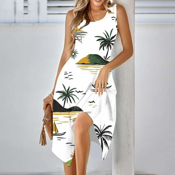 Xixinqiwan Sundresses for Women Plus Size,Women's Floral Coconut Print Casual Summer Sleeveless Vest Dress Beach Crew Neck Dress With Pockets Black M