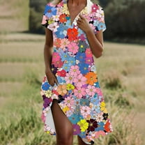 Xixinqiwan No Boundaries Sundresses for Women ,Women's Floral Printed Dress V Neck Short Sleeve Loose Dress,Summer Flowy Boho Dress Vocation Outfit