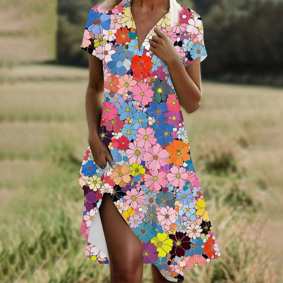 Xixinqiwan Sundresses for Women,Women's Floral Printed Dress V Neck Short Sleeve Loose Dress,Summer Flowy Boho Dress Vocation Outfit