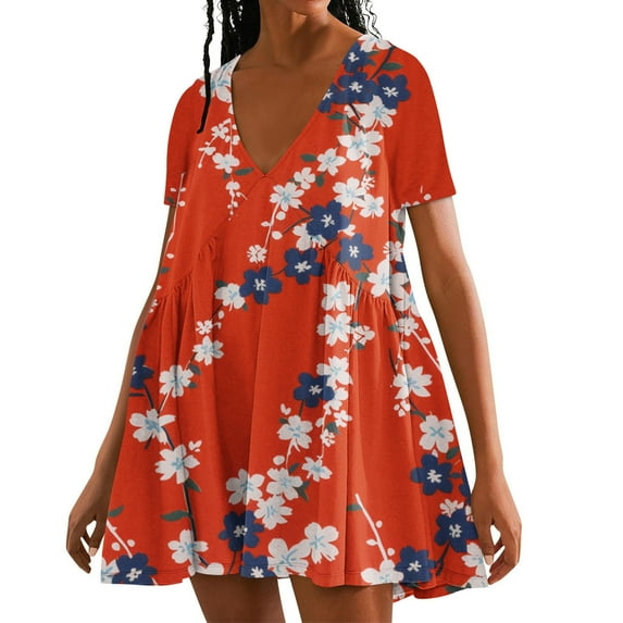 Xixinqiwan Sundresses for Women,Womens Summer Casual Dress Loose Short Sleeve Pleated V Neck Daily Print Dress,Summer Flowy Boho Dress Vocation Outfit