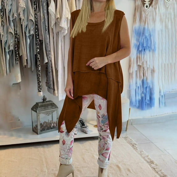 Xixinqiwan Tank Tops for Women,Women Summer Casual Sleeveless Tops Crew Neck Flowy Long Tops Cover Ups Loose Fit Tunic Blouse with Leggings