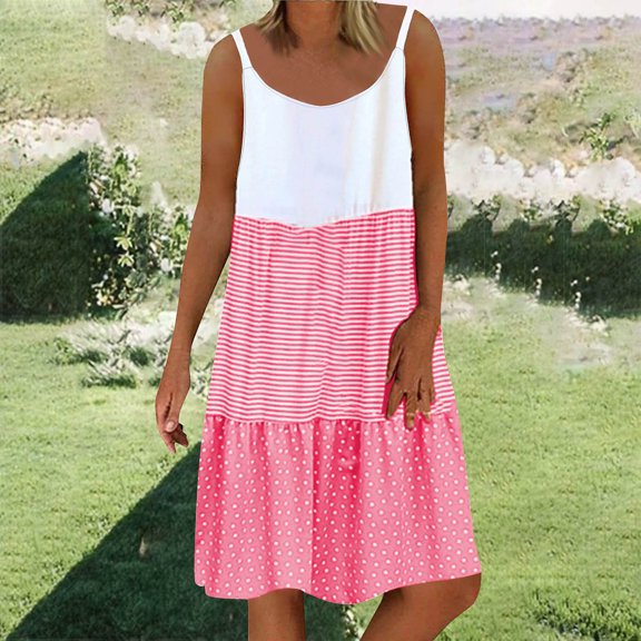 Xixinqiwan Summer Dress for Women 2025 Casual Trendy U-Neck Sleeveless Halter Dress Beach Vacation Color Block Mini Sundress