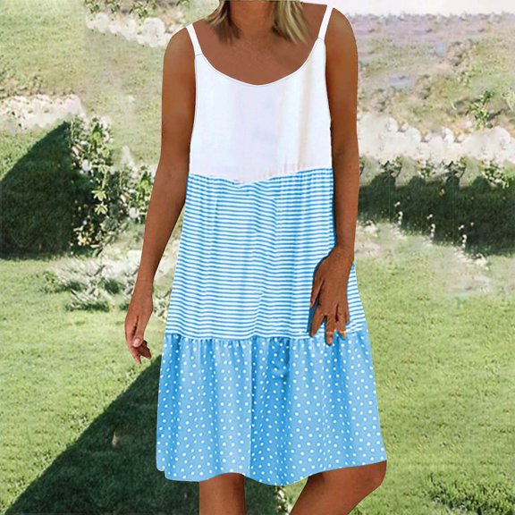 Xixinqiwan Summer Dress for Women 2025 Casual Trendy U-Neck Sleeveless Halter Dress Beach Vacation Color Block Mini Sundress