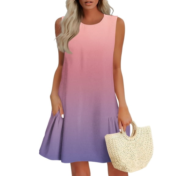 Xixinqiwan Women's Summer Dresses Beach Casual Sleeveless U-Neck Gradient Tank Sundress Loose Flowy Mini Dresses