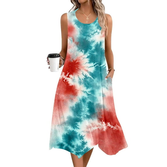 Xixinqiwan Women Dresses under $5,Women's Summer Printed Casual Dress Tank Loose Flowing Beach Dress With Pockets Flared Sundresses Multicolor S