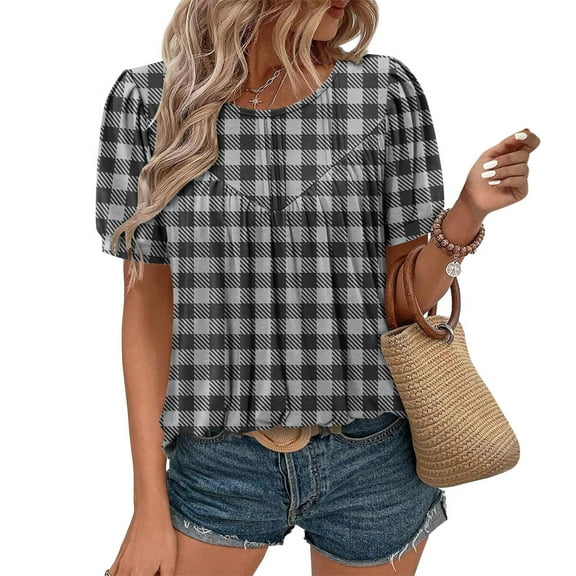 Xixinqiwan Women Tops,Women's Boho Short Sleeve Shirts Floral Work Blouses Dressy Casual Round Neck Loose Chiffon Flowy Tops T-shirts Dark Gray M