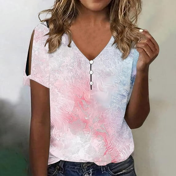 Xixinqiwan Women Tops,Womens Summer Tops Short Sleeve Button Down Casual Shirts Floral Graphic Tee V Neck Basic Tshirt Trendy Clothes