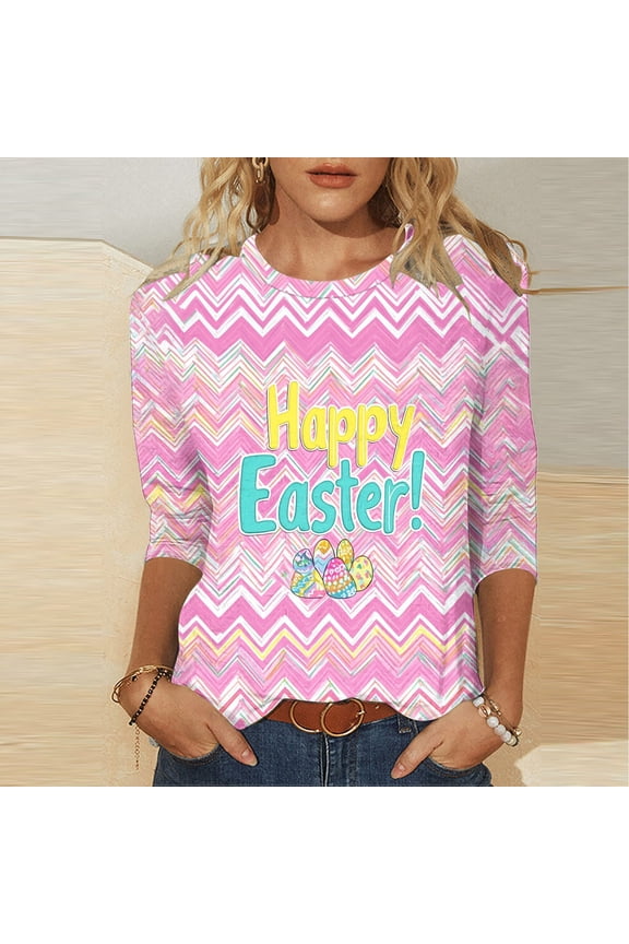 Christian Easter T-shirts for Women,Womens Happy Easter Day Round Neck Shirt Funny Bunny Eggs Graphic Seven Sleeve Tee Spring Casual Christian Tops