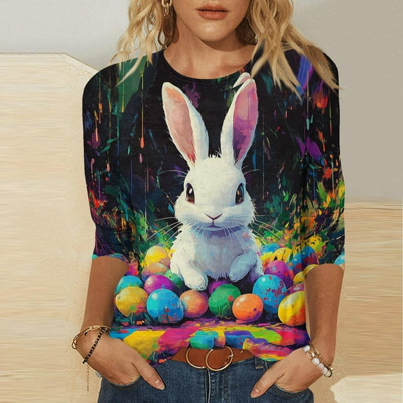Xixinqiwan Christian Easter Women Shirts 3/4 Sleeves,Womens Easter Bunny Graphic Shirts Summer Spring 3/4 Sleeve Crew Neck Tee Shirts for Women