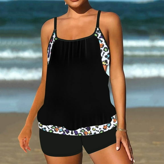 Xixinqiwan Clearance under $10 Womens Swimsuits,Women's Tankini Bathing Suit Floral Printed Hollow Out Swim Tops Adjustable Straps Swimsuit Two-piece set Black 3XL