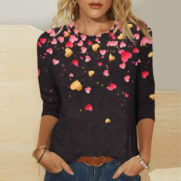 Xixinqiwan Valentine's Day 3/4 Sleeve Shirts,Women Cute Love Heart Graphic Tees Long Sleeve Tshirt Top Valentines Day Girlfriend Gift
