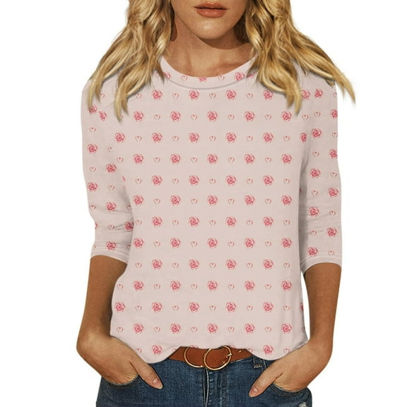 Xixinqiwan Valentine's Day 3/4 Sleeve Shirts,Women's Oversized 3/4 Sleeve Round Neck Shirt Casual Heart Graphic Valentines Day Hearts Lovers Tee for Ladies