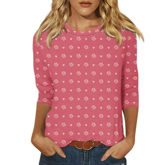 Xixinqiwan Valentine's Day 3/4 Sleeve Shirts,Women's Oversized 3/4 Sleeve Round Neck Shirt Casual Heart Graphic Valentines Day Hearts Lovers Tee for Ladies