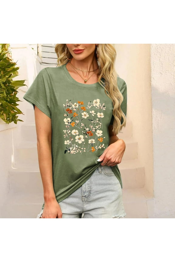 Women's Tops,Women's T-Shirts Short Sleeve Scoop Neck Loose Casual Tops Summer Flower Graphic Printed Tee