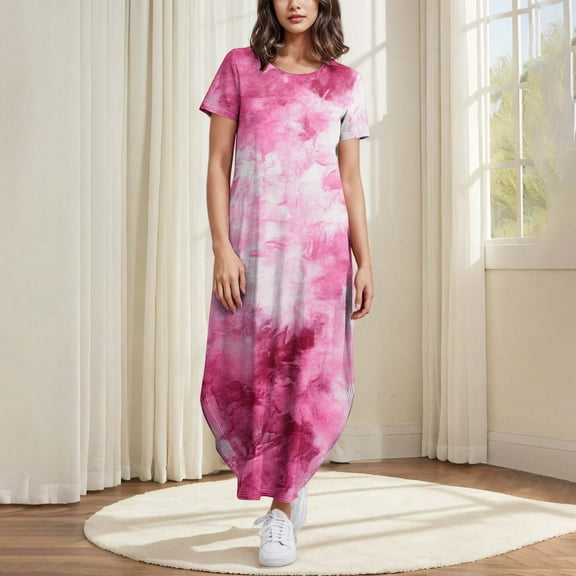 Xixinqiwan Womens Summer Dress,Women's Tie-Dye Printed Dress Short Sleeve Crew Neck Pocket Long Dress,Comfy Cotton Dress Resort Vacation Outfit