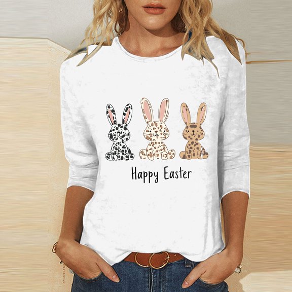 Xixinqiwan Easter Clothing for Women,Women 3/4 Sleeve Shirts Cute Bunny Easter Eggs Graphic Shirts Spring Comfortable Basic Colorful Tops Blouse