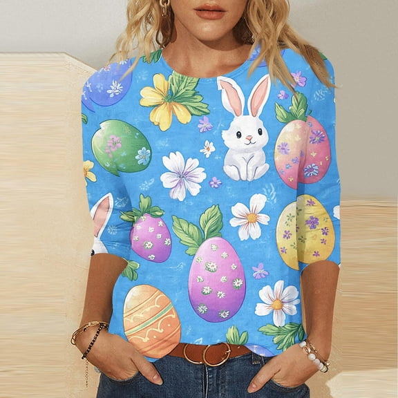 Xixinqiwan Easter Clothing for Women,Women Plus Size Bunny Eggs Crew Neck Graphic Tshirts Elbow 3/4 Sleeve Happy Easter Casual Festival T Shirts