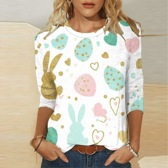 Xixinqiwan Easter Clothing for Women,Womens Bunny Color Egg Graphic 3/4 Sleeve Crew Neck Tops Womens Spring Shirts