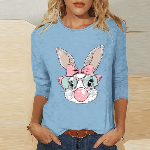 Xixinqiwan Easter Day Womens Tops,Plus Size Easter Shirts for Women Funny Bunny Colorful Eggs Graphic T-Shirt Easter Holiday Three Quarter Length Tee Tops