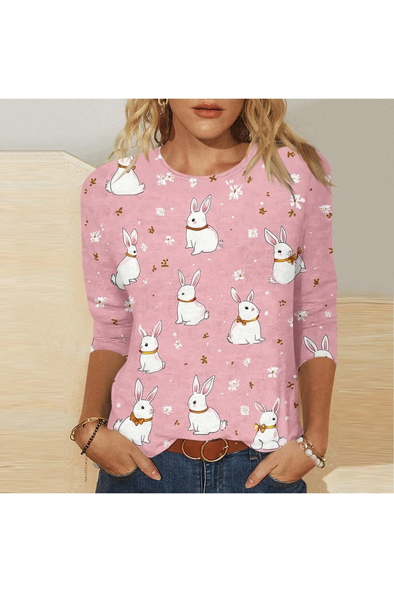 Easter Day Womens Tops,Women Happy Easter Egg Gift Blouses for Ladies Elbow 3/4 Sleeve Round Neck Funny Bunny Easter Graphic Tops Tees