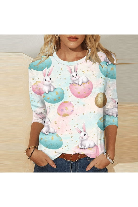 Easter Day Womens Tops,Womens Spring Easter Fashion Printed Casual Top Pullover Three Quarter Sleeve T-shirt