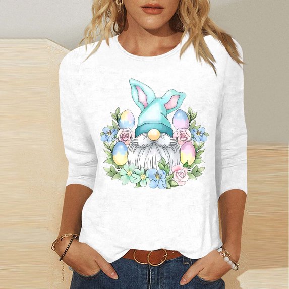 Xixinqiwan Easter Day Womens Tops,Womens Tops Trend Three Quarter Sleeve Printed Cartoon Easter Bunny Tshirt Top Easter Dress for Women