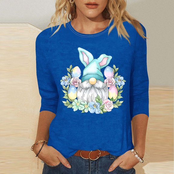 Xixinqiwan Easter Day Womens Tops,Womens Tops Trend Three Quarter Sleeve Printed Cartoon Easter Bunny Tshirt Top Easter Dress for Women