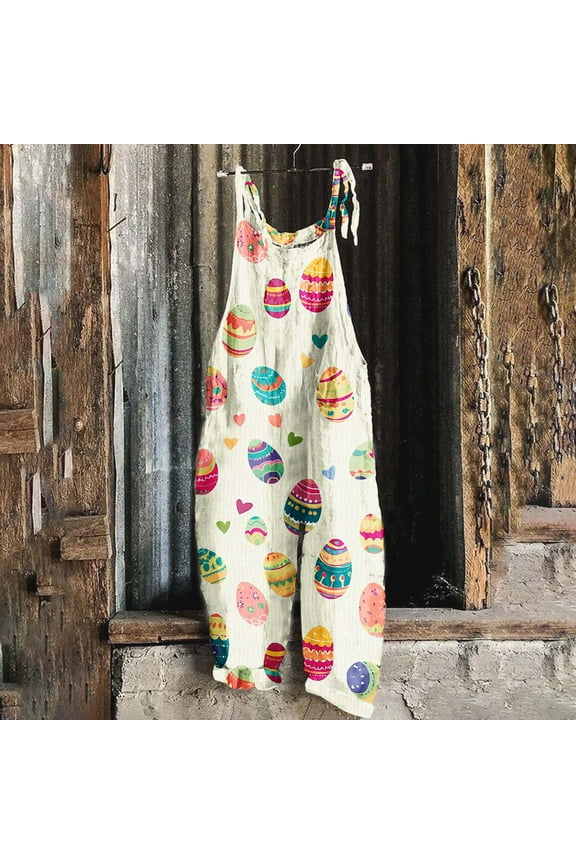 Easter Jumpsuits for Women,Women Dressy Easter Sleeveless Baggy Jumpsuits Eggs Bunny Scoop Overalls Wide Leg One Piece Pants Rompers Plus Size