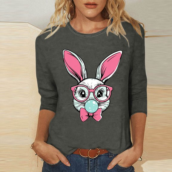 Xixinqiwan Easter T Shirts for Women Plus Size,Three Quarter Sleeve Tee Shirts for Women Round Neck Cute Bunny Easter Colorful Eggs Graphic Shirts Spring Comfortable Tops