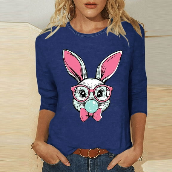 Xixinqiwan Easter T Shirts for Women Plus Size,Three Quarter Sleeve Tee Shirts for Women Round Neck Cute Bunny Easter Colorful Eggs Graphic Shirts Spring Comfortable Tops